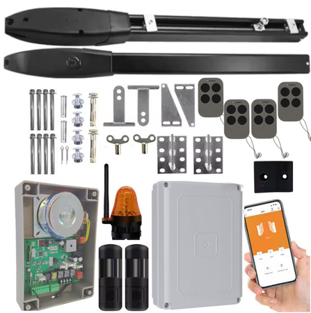 Napęd bramy dwuskrzydłowej DE300WiFI 2x3m 400kg Fotokomórki Lampa 4xPilot