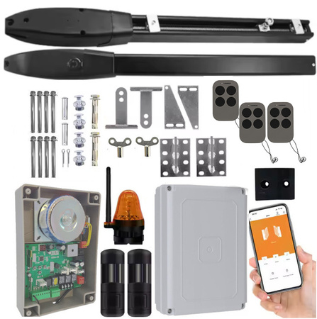 Napęd bramy dwuskrzydłowej DE300WiFI 2x3m 400kg Fotokomórki Lampa 3xPilot