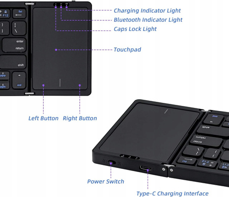 Klawiatura składana bezprzewodowa Bluetooth TouchPad QWERTY CZARNA